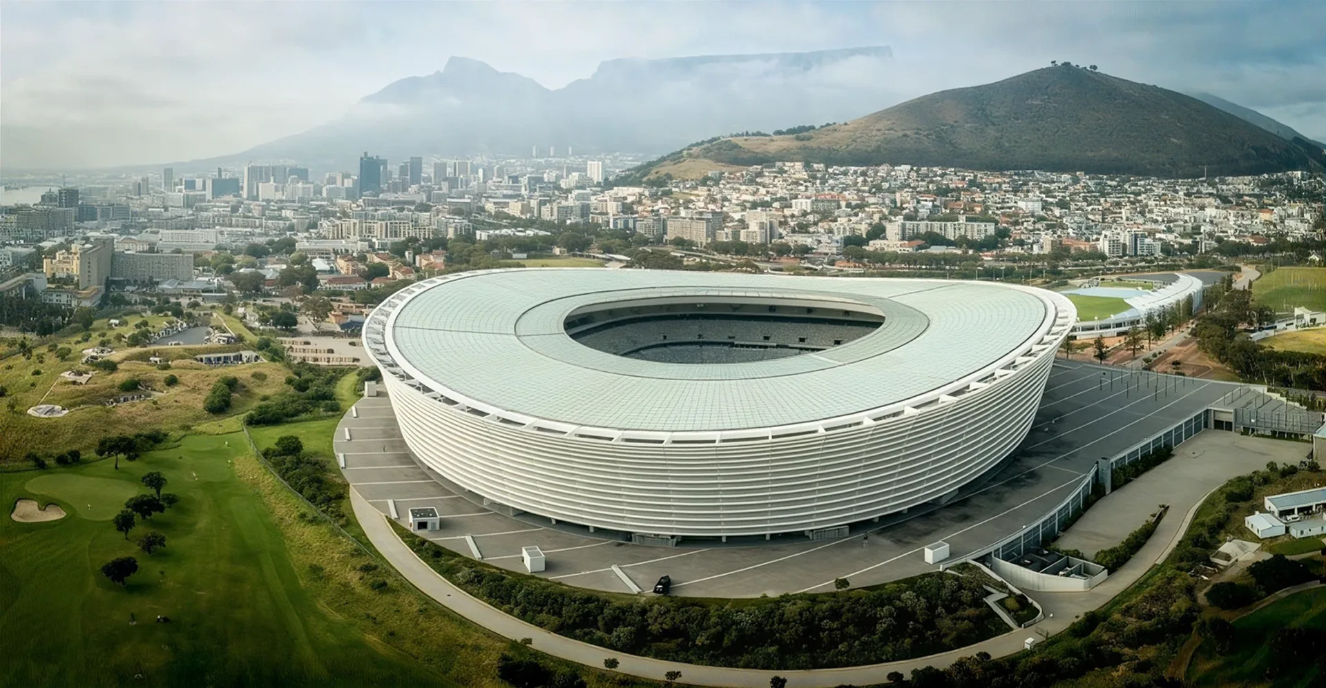 Aerial view of DHL Stadium in Cape Town with Signal Hill and Table Mountain