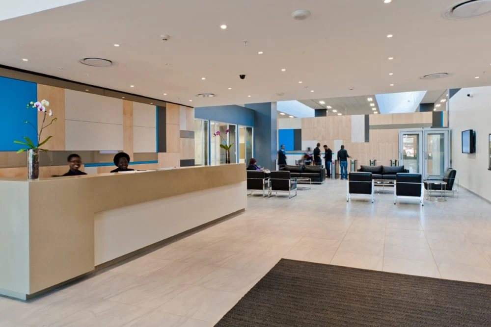 Controlled reception lobby at a corporate campus